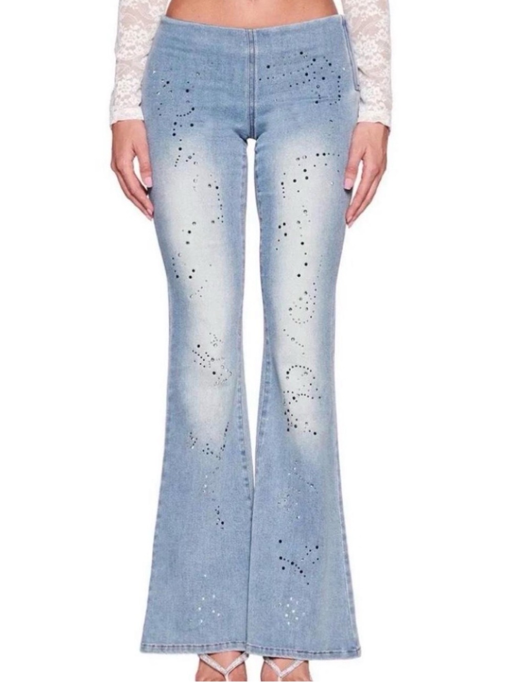 I.AM.GIA REQIUEM Light Blue Rhinestone Flare Jeans - L / XL